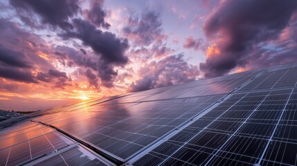 Solar Panels Reflecting Vibrant Sunset Sky - Renewable Energy at Dusk