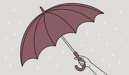 human hand holding an open maroon umbrella, a rain protection 