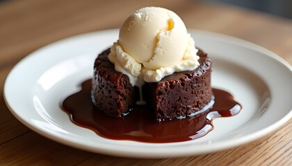 Small round chocolate lava cake with vanilla ice cream on top, drizzled in fudge sauce and melting into the center of its white plate