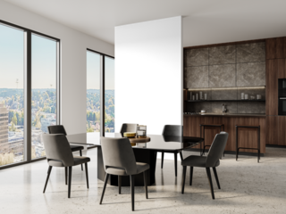 Dining room angle view with reflective table and black wall – Transparent Wall Mockup with Realistic Shadows – 3D render