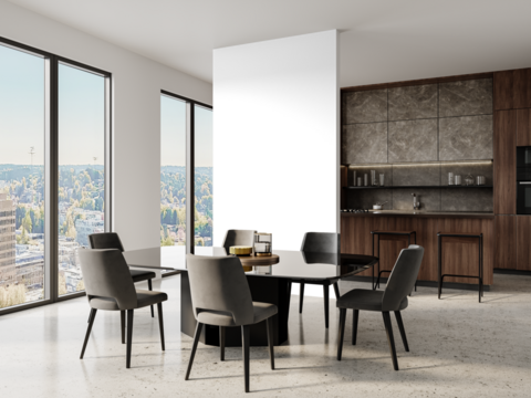 Dining room angle view with reflective table and black wall – Transparent Wall Mockup with Realistic Shadows – 3D render - Powered by Adobe