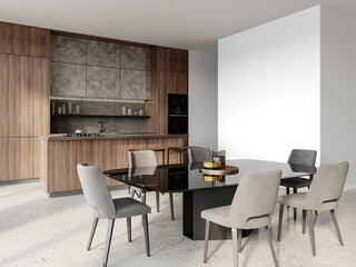 Luxury kitchen and dining set with elegant chairs and black wall– Transparent Wall Mockup with Realistic Shadows – 3D render