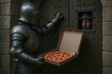 A knight in full medieval armor humorously delivers a pepperoni pizza to a person visible through a barred window in a stone castle wall. Anachronistic concept.