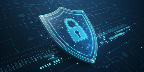 Cybersecurity Shield Featuring a Digital Lock and Binary Code for Enhanced Data Protection