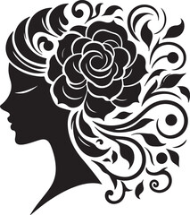 Elegant woman silhouette with floral hair arrangement – ideal for salon branding, feminine logos, nature-inspired art, and decorative vector projects.


