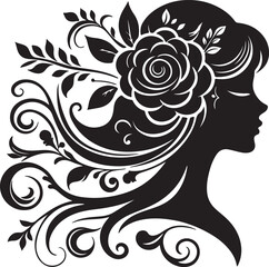 Elegant woman silhouette with floral hair arrangement – ideal for salon branding, feminine logos, nature-inspired art, and decorative vector projects.

