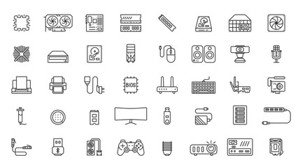set Computer Hardware And Accessories Icons, Processor, Graphics Card, Motherboard, RAM, Hard Drive, Solid State Drive, Power Supply Unit, vector in outline, collection of pictograms.