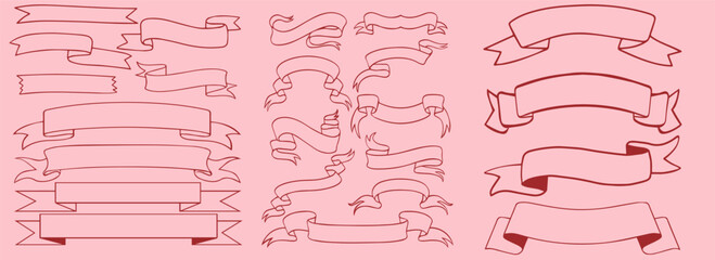 Vintage Hand Drawn Outline Ribbons and Banners Big  Set on Pink