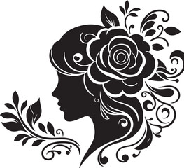 Elegant woman silhouette with floral hair arrangement – ideal for salon branding, feminine logos, nature-inspired art, and decorative vector projects.

