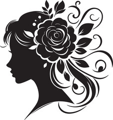Elegant woman silhouette with floral hair arrangement – ideal for salon branding, feminine logos, nature-inspired art, and decorative vector projects.

