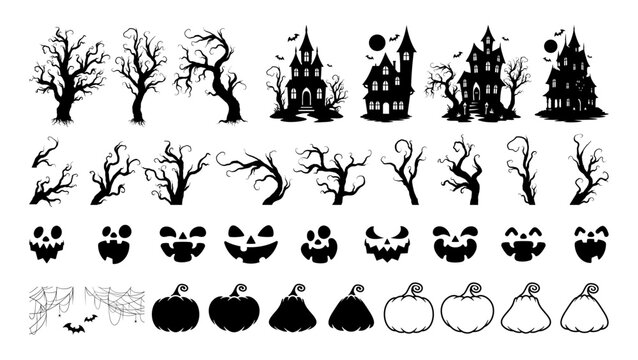 Halloween silhouette vector set featuring spooky trees, haunted houses, carved pumpkin faces, spider webs, bats, and pumpkin shapes. Ideal for Halloween party designs, banners, and decorations.