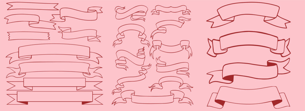 Vintage Hand Drawn Outline Ribbons and Banners Big  Set on Pink