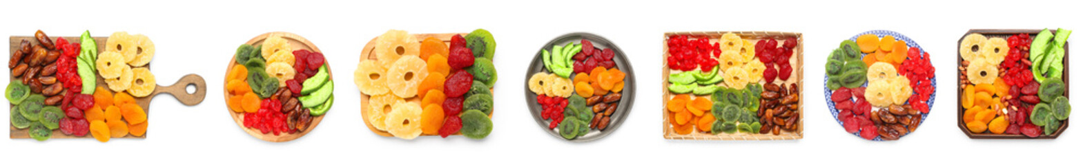 Set of different candied fruits on white background, top view