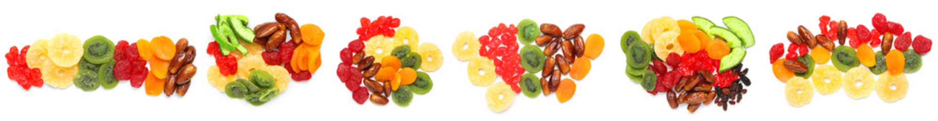 Set of different candied fruits on white background, top view