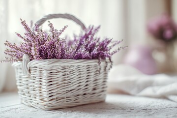 Delicate purple heather blooms fill a small, white woven basket, resting on a rustic white surface near a window