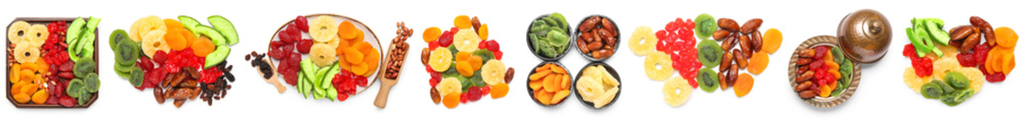 Set of different candied fruits on white background, top view