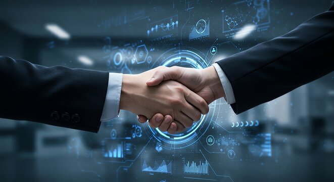 Business handshake with digital overlay represents deal