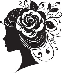 Elegant woman silhouette with floral hair arrangement – ideal for salon branding, feminine logos, nature-inspired art, and decorative vector projects.

