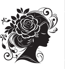 Elegant woman silhouette with floral hair arrangement – ideal for salon branding, feminine logos, nature-inspired art, and decorative vector projects.

