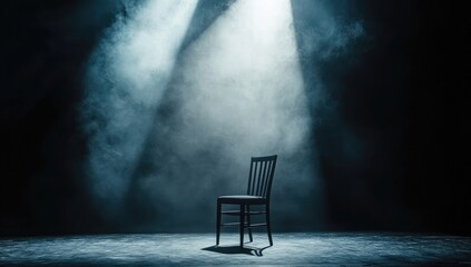 Empty chair illuminated by spotlight in smoky, dark room