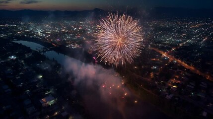 ドローン空撮で捉えた、川辺に映る都会の夜景と打ち上げ花火 - Powered by Adobe