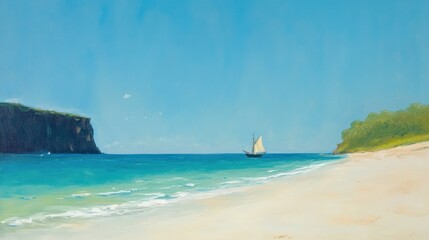 Obraz premium Tranquil Seascape: A lone sailboat glides across turquoise waters, under a bright summer sky, towards a distant cliff and pristine sandy shore.