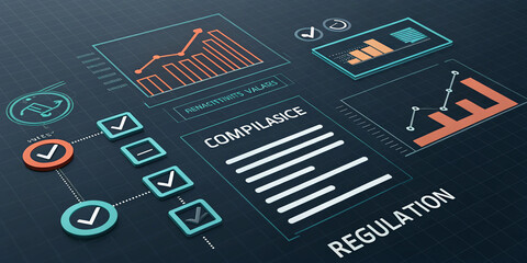 Sophisticated Digital 3D Interface Showcasing Compliance, Legal, and Analytical Aspects