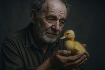 Tender portrait of an elderly man with a beard, gently holding a small, cute yellow duckling in his cupped hands, looking at it with soft affection. Dark, moody.