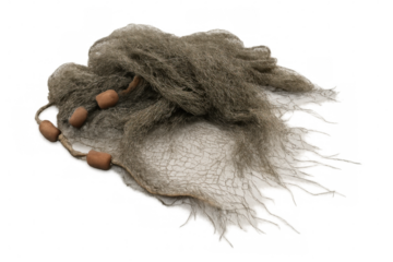 Tangled fishing net displaying cork floats, highlighting maritime equipment against transparent backdrop for nautical design projects