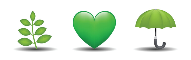 3 emoticons isolated on white background. Green color heart, branch, umbrella vector emoji illustration. 3d illustration set.
