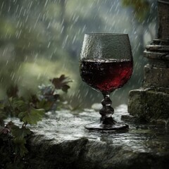 Rain-soaked stone, red wine glass sits on wet surface, droplets cascade, lush greenery blurred background