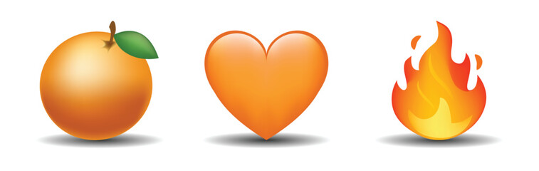 3 emoticons isolated on white background. Orange color heart, orange fruit, flame vector emoji illustration. 3d illustration set.