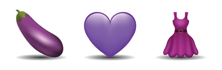 3 emoticons isolated on white background. Violet color heart, party dress, eggplant vector emoji illustration. 3d illustration set.