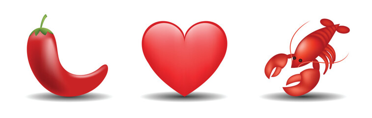 3 emoticons isolated on white background. Red color heart, scorpion, pepper vector emoji illustration. 3d illustration set.
