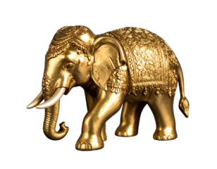 a traditional thai gold painted wooden elephant figurine, intricately carved with floral and geometric patterns, isolated on a transparent background