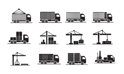 Vector Illustration of Various Transportation and Cargo Handling Icons, set of black and white icons depicts various transportation and cargo handling methods, including trucks with containers and car