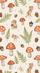 Fototapeta premium Woodland Animals and Mushrooms Seamless Pattern
