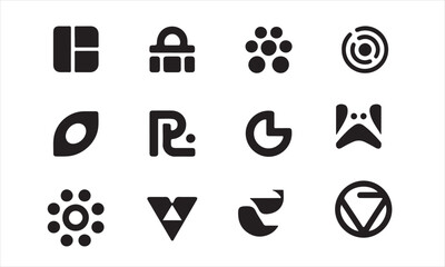 A set of twelve distinct, minimalist logos vector art on white