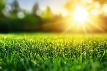 Lush green grass field bathed in golden sunlight