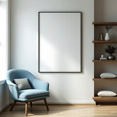 Modern living room interior with blue armchair and mockup poster
