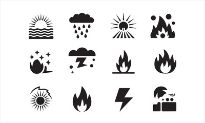 A set of simple, black and white vector icons depicting various weather phenomena, including sun, rain, clouds, lightning, snow, fire, and a stylized wave.
