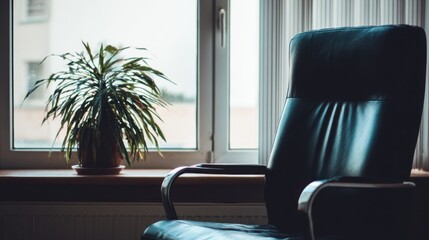 Obraz premium Sleek dark leather armchair with metallic armrests near a window, curved backrest, well-cushioned, potted plant with slender green leaves on windowsill, soft natural light, cozy calm atmosphere.
