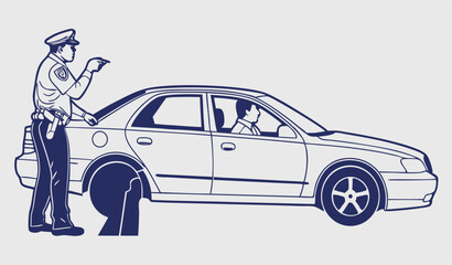 A police officer interacts with a driver at the side of a sedan vehicle, The setting captures a typical day where public safety and communication play essential roles in maintaining order and trust