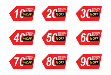Sale tag speech bubble red shape with different discount set. 10, 20, 30, 40, 50, 60, 70, 80 and 90 percent price clearance sticker badge