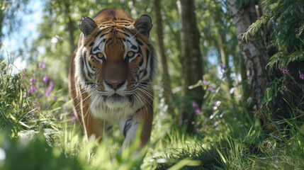 Fearless Tiger Walking Through Forest Grass Towards Camera Highlighting Wildlife Awareness on Global Tiger Day