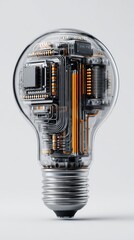 3D illustration of an AI-enhanced lightbulb featuring automation on a clean white background, symbolizing advanced tech in lighting.