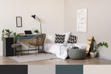 Obraz premium Interior of teenager's room with bed, lamp and workplace. Different color patterns