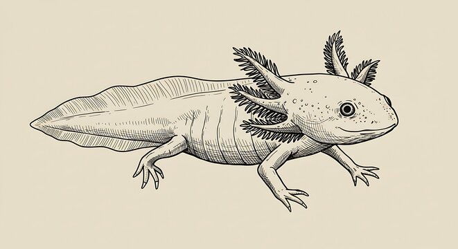 axolotl drawing, black and white, side view clip art preview