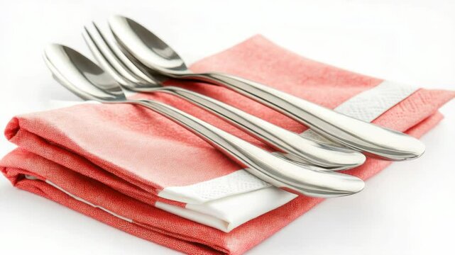 Set of silverware placed on a pink napkin, suitable for close-up photography or as a decorative element.