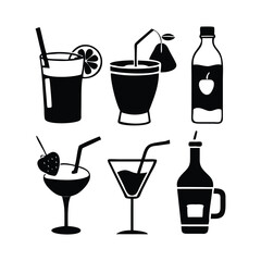 Set of minimalist black-and-white drink icons. Each icon should represent a different type of beverage.